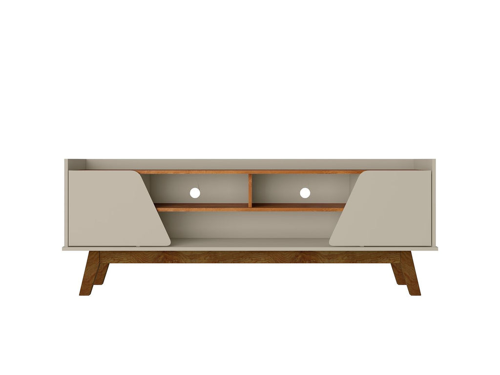 Manhattan Comfort Mid-Century Modern Marcus 62.99 TV Stand with Solid Wood Legs in Greige and Nature-Modern Room Deco