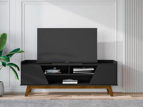 Manhattan Comfort Mid-Century Modern Marcus 62.99 TV Stand with Solid Wood Legs in  Matte Black-Modern Room Deco