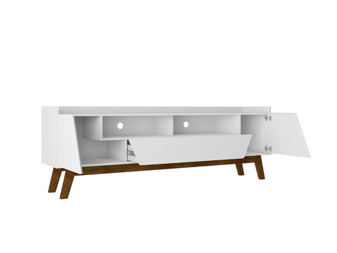 Manhattan Comfort Mid-Century Modern Marcus 70.86 TV Stand with Solid Wood Legs in White-Modern Room Deco