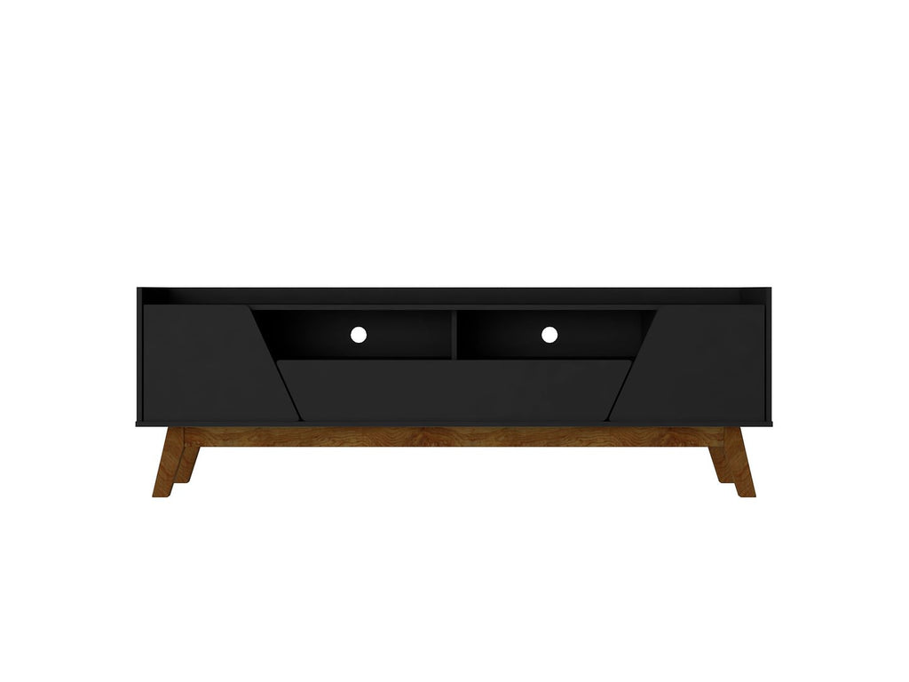 Manhattan Comfort Mid-Century Modern Marcus 70.86 TV Stand with Solid Wood Legs in  Matte Black-Modern Room Deco