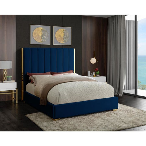 Meridian Furniture Becca Velvet Queen Bed - Navy - Bedroom Beds