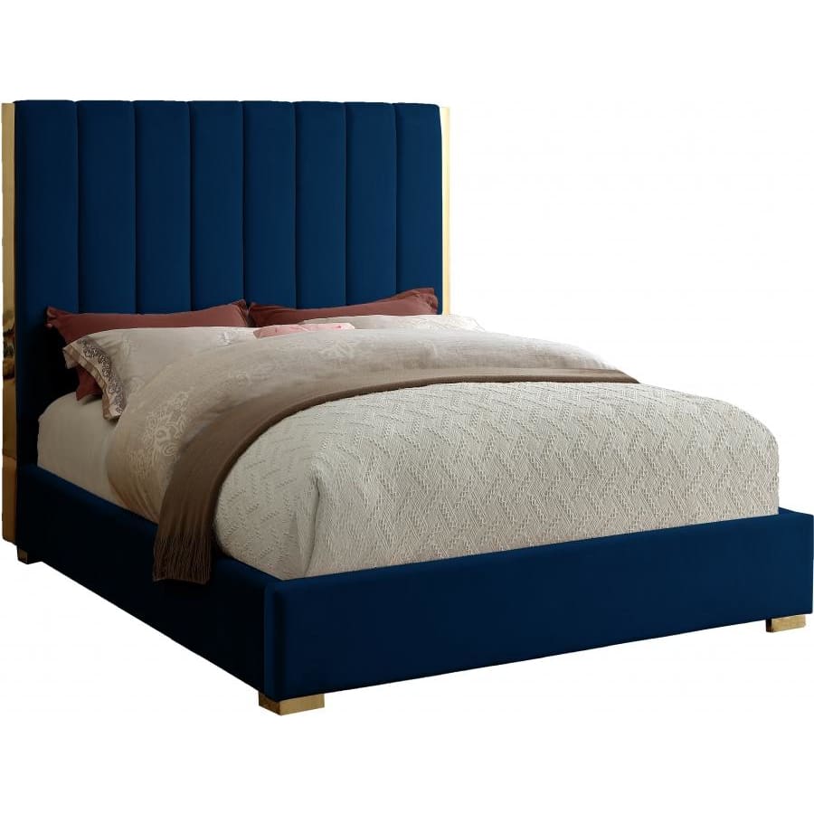 Meridian Furniture Becca Velvet Queen Bed - Navy - Bedroom Beds