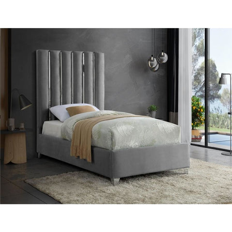 Meridian Furniture Enzo Velvet Twin Bed - Grey - Bedroom Beds
