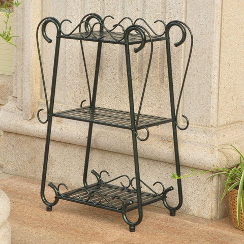 International Caravan Santa Fe Iron Nailhead 3-Tier Plant/Utility Shelf - Rustic Brown - Outdoor Furniture