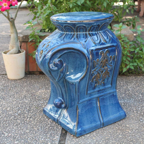 International Caravan Contemporary Elephant Ceramic Garden Stool - Navy Blue Glaze - Outdoor Furniture