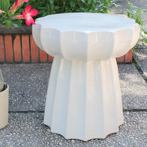 International Caravan Round Scalloped Ceramic Garden Stool - Navy Blue Glaze - Outdoor Furniture