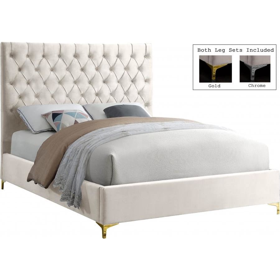Meridian Furniture Cruz Velvet Queen Bed - Cream - Bedroom Beds