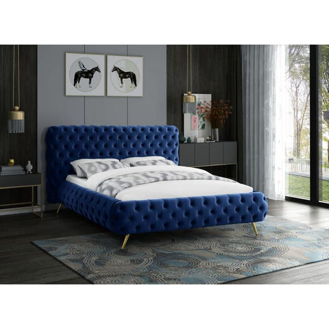 Meridian Furniture Delano Velvet Queen Bed - Navy - Bedroom Beds