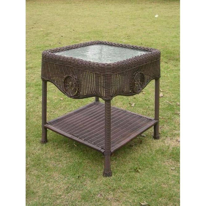 International Caravan Wicker Glass Top Side Table - Antique Pecan - Outdoor Furniture