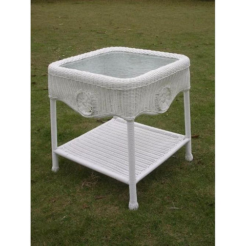 International Caravan Wicker Glass Top Side Table - White - Outdoor Furniture