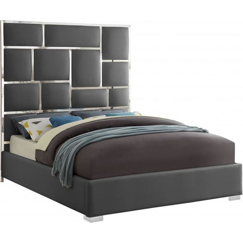 Meridian Furniture Milan Faux Leather Queen Bed - Grey - Bedroom Beds