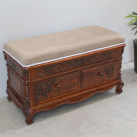 International Caravan Windsor Carved Wood Two-drawer Storage Bench with Cushioned Top - Walnut - Benches