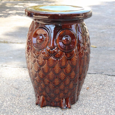 International Caravan Wise Old Owl Ceramic Garden Stool - Navy Blue Glaze - Outdoor Furniture