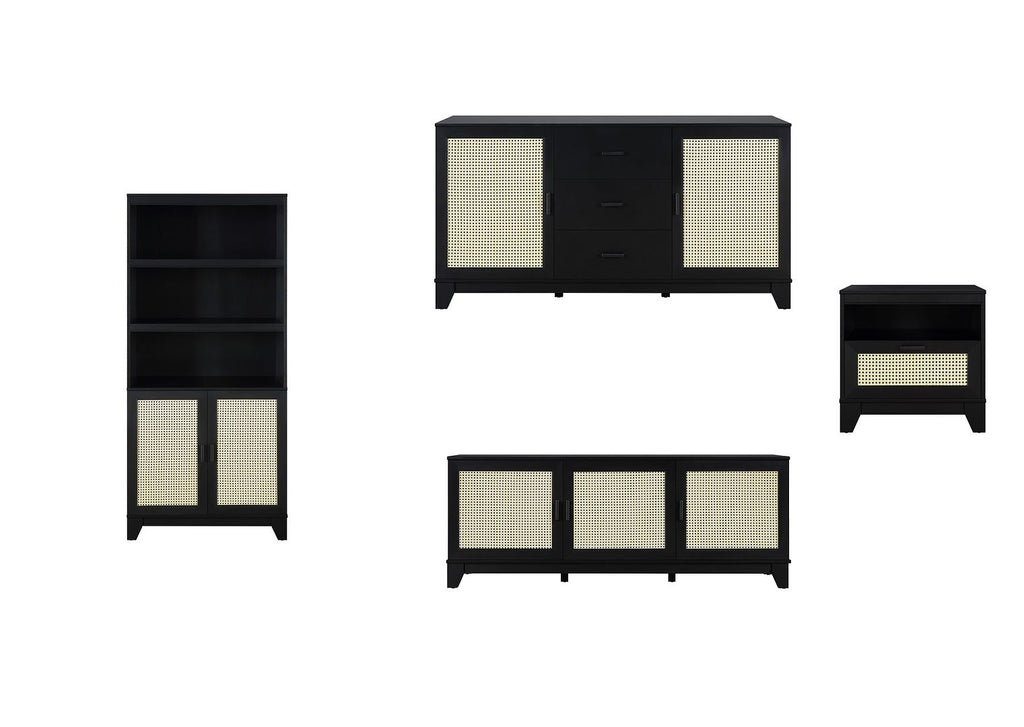 Manhattan Comfort Sheridan Modern Cane 4-Piece Set: Bookcase, TV Stand, Sideboard, End Table in Black-Modern Room Deco