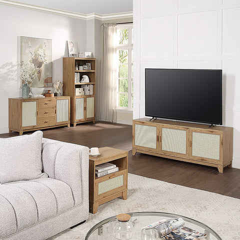 Manhattan Comfort Sheridan Modern Cane 4-Piece Set: Bookcase, TV Stand, Sideboard, End Table in Nature-Modern Room Deco