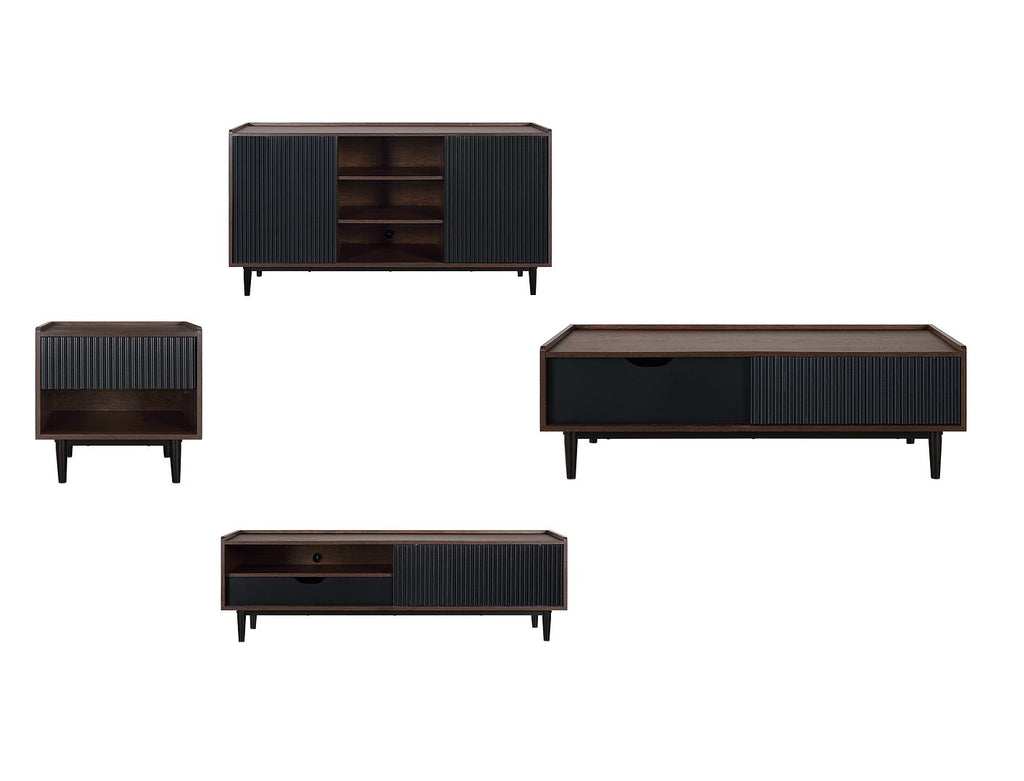 Manhattan Comfort Duane Modern Ribbed 4 Piece Living Room Set: Sideboard, TV Stand, Coffee Table, End Table in Dark Brown and Black-Modern Room Deco