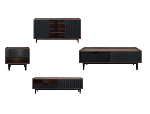 Manhattan Comfort Duane Modern Ribbed 4 Piece Living Room Set: Sideboard, TV Stand, Coffee Table, End Table in Dark Brown and Black-Modern Room Deco