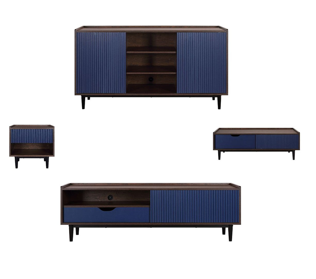 Manhattan Comfort Duane Modern Ribbed 4 Piece Living Room Set: Sideboard, TV Stand, Coffee Table, End Table in Dark Brown and Navy Blue-Modern Room Deco
