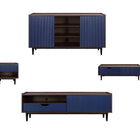 Manhattan Comfort Duane Modern Ribbed 4 Piece Living Room Set: Sideboard, TV Stand, Coffee Table, End Table in Dark Brown and Navy Blue-Modern Room Deco