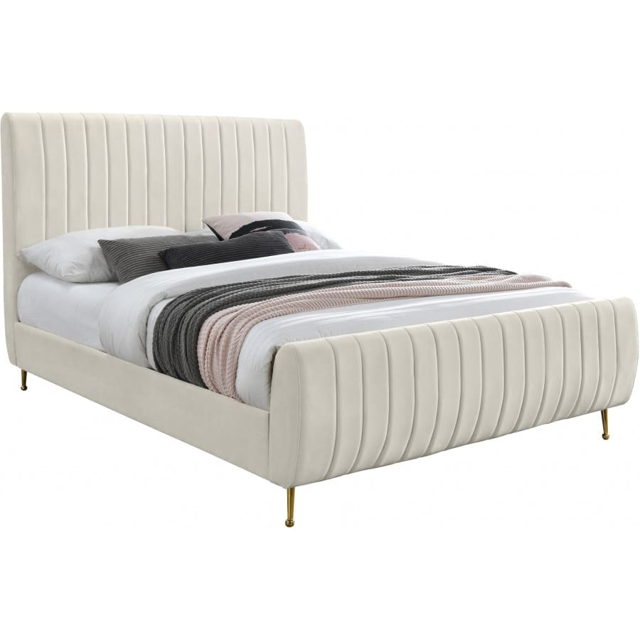Meridian Furniture Zara Velvet Queen Bed - Cream - Bedroom Beds