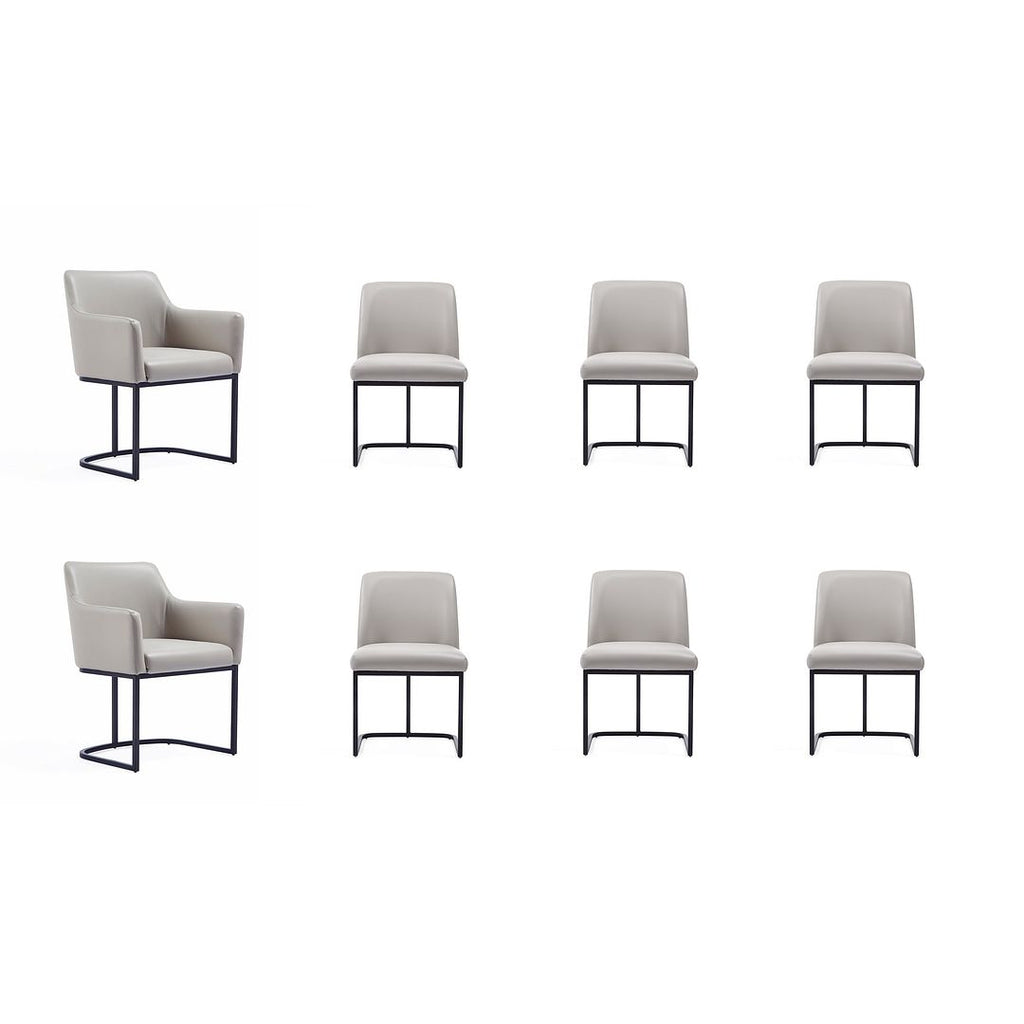 Manhattan Comfort Modern Serena 8 Piece Dining Set Upholstered in Leatherette with Steel Legs in Light Grey