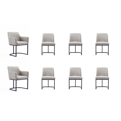 Manhattan Comfort Modern Serena 8 Piece Dining Set Upholstered in Leatherette with Steel Legs in Light Grey