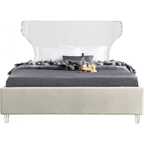 Meridian Furniture Ghost Velvet Queen Bed - Cream - Bedroom Beds