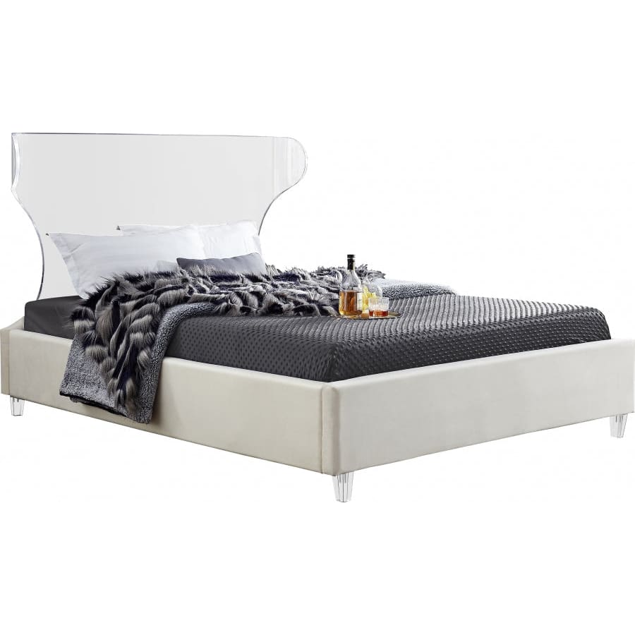 Meridian Furniture Ghost Velvet Queen Bed - Cream - Bedroom Beds