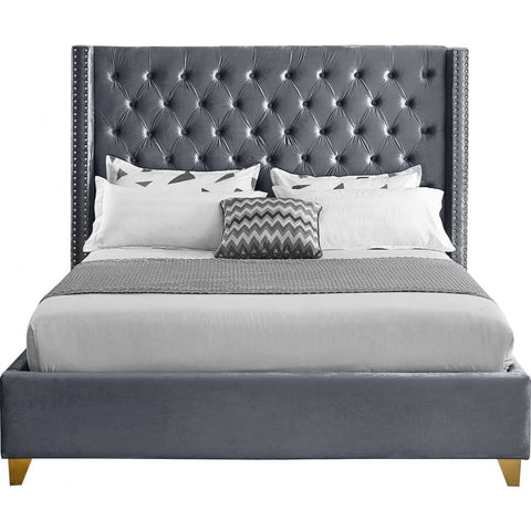 Meridian Furniture Barolo Velvet Queen Bed - Grey - Bedroom Beds