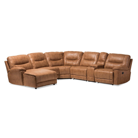 Baxton Studio Mistral Modern and Contemporary Light Brown Palomino Suede 6-Piece Sectional with Recliners Corner Lounge Suite - Living Room