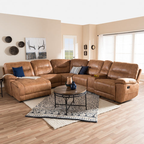 Baxton Studio Mistral Modern and Contemporary Light Brown Palomino Suede 6-Piece Sectional with Recliners Corner Lounge Suite - Living Room