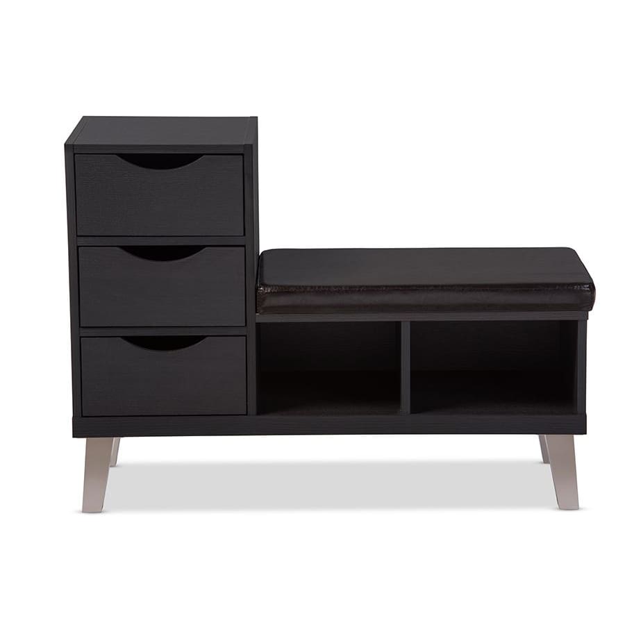Baxton Studio Arielle Modern and Contemporary Dark Brown Wood 3-drawer Shoe Storage Padded Leatherette Seating Bench with Two Open Shelves -