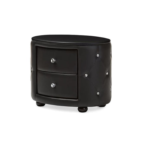 Baxton Studio Davina Hollywood Glamour Style Oval 2-drawer Black Faux Leather Upholstered Nightstand - Bedroom Furniture