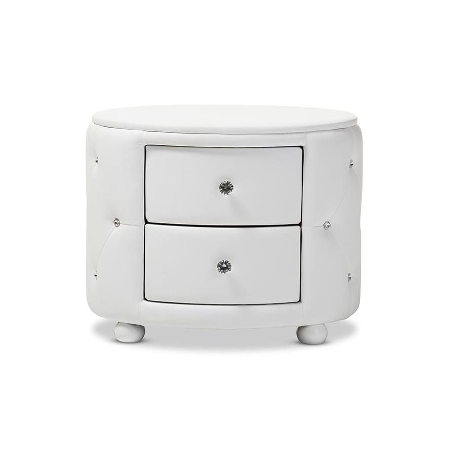 Baxton Studio Davina Hollywood Glamour Style Oval 2-drawer White Faux Leather Upholstered Nightstand - Bedroom Furniture