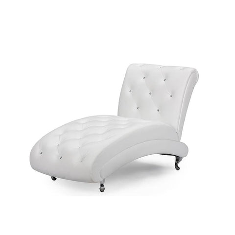 Baxton Studio Pease Contemporary White Faux Leather Upholstered Crystal Button Tufted Chaise Lounge - Living Room Furniture