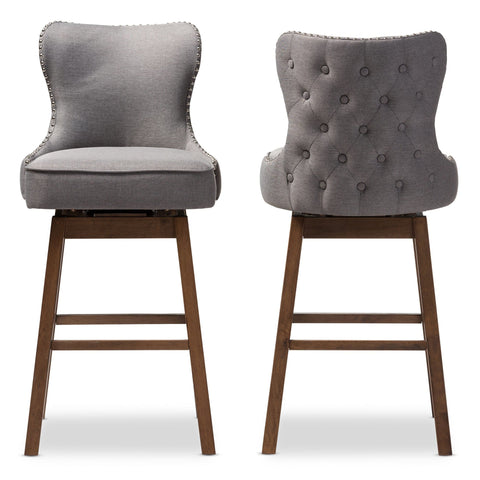 Baxton Studio Gradisca Modern and Contemporary Brown Wood Finishing and Grey Fabric Button-Tufted Upholstered Swivel Barstool - Bar