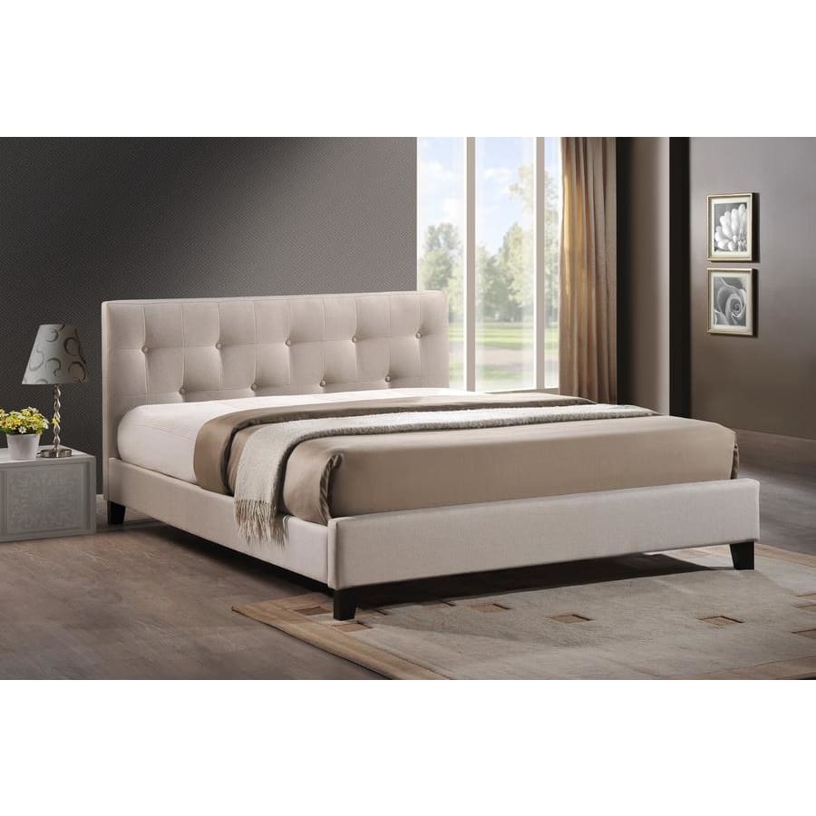 Baxton Studio Annette Light Beige Linen Modern Bed with Upholstered Headboard - Queen Size - Bedroom Furniture