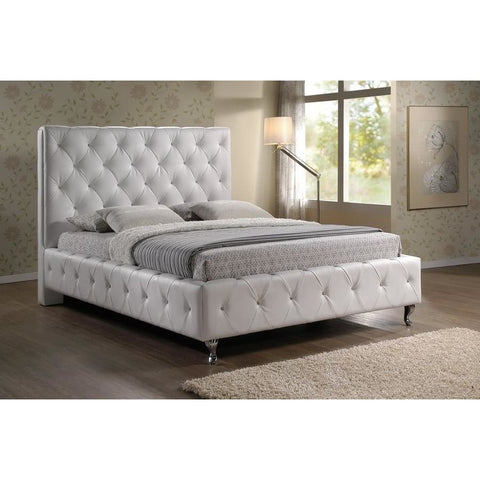Baxton Studio Stella Crystal Tufted White Modern Bed with Upholstered Headboard - King Size - Bedroom Furniture