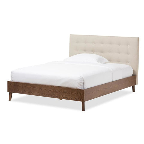 Baxton Studio Alinia Mid-century Retro Modern Light Beige Fabric Upholstered Walnut Wood Queen Size Platform Bed - Bedroom Furniture