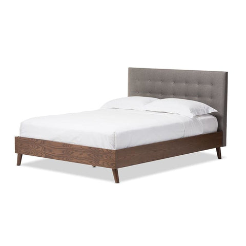 Baxton Studio Alinia Mid-century Retro Modern Grey Fabric Upholstered Walnut Wood Full Size Platform Bed - Bedroom Furniture