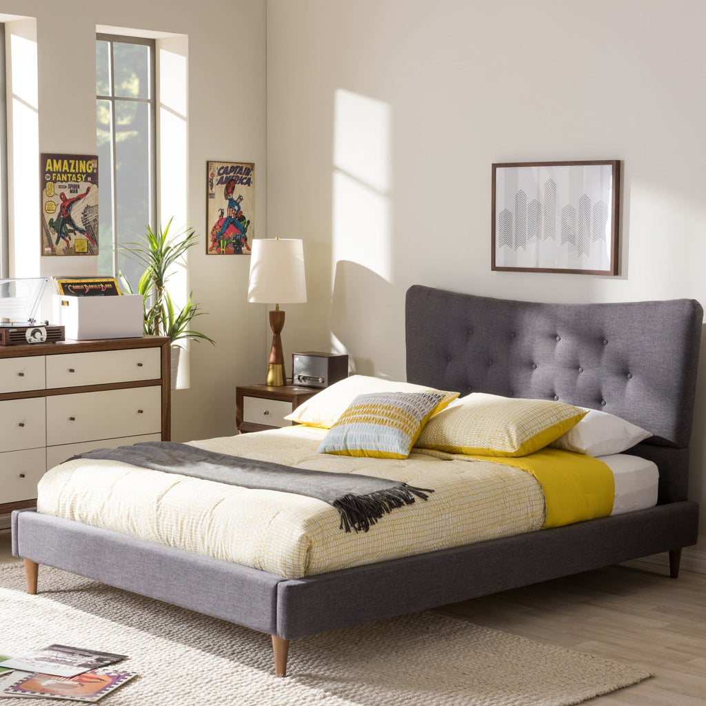 Baxton Studio Hannah Mid-Century Modern Dark Grey Fabric King Size Platform Bed - Bedroom Furniture