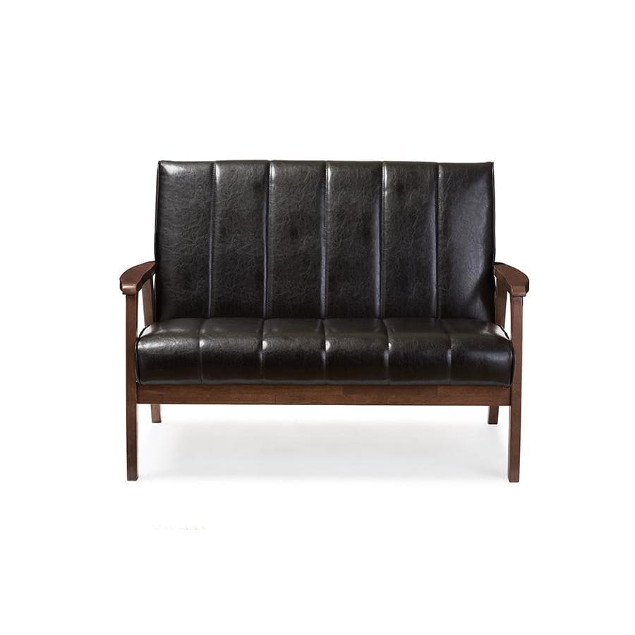 Baxton Studio Nikko Mid-century Modern Scandinavian Style Black Faux Leather Wooden 2-Seater Loveseat - Living Room Furniture