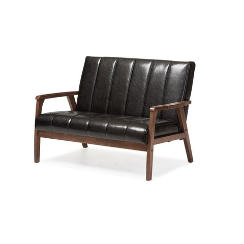 Baxton Studio Nikko Mid-century Modern Scandinavian Style Black Faux Leather Wooden 2-Seater Loveseat - Living Room Furniture