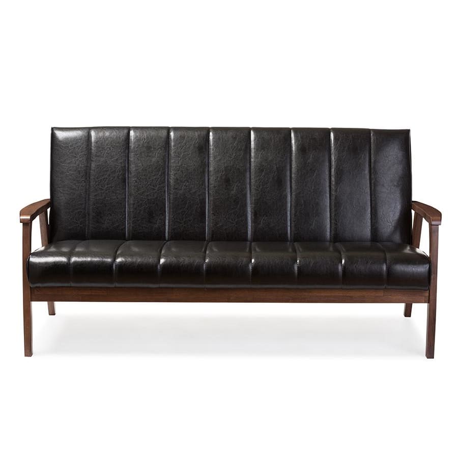 Baxton Studio Nikko Mid-century Modern Scandinavian Style Black Faux Leather Wooden 3-Seater Sofa - Living Room Furniture