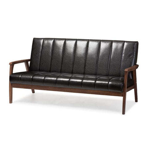 Baxton Studio Nikko Mid-century Modern Scandinavian Style Black Faux Leather Wooden 3-Seater Sofa - Living Room Furniture