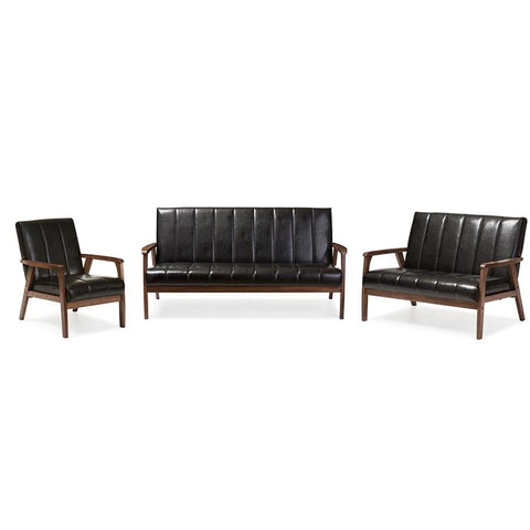 Baxton Studio Nikko Mid-century Modern Scandinavian Style Black Faux Leather 3 Pieces Living Room Sets - Living Room Furniture
