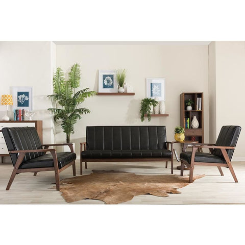 Baxton Studio Nikko Mid-century Modern Scandinavian Style Black Faux Leather 3 Pieces Living Room Sets - Living Room Furniture