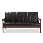 Baxton Studio Nikko Mid-century Modern Scandinavian Style Dark Brown Faux Leather Wooden 3-Seater Sofa - Living Room Furniture