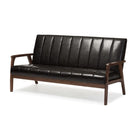 Baxton Studio Nikko Mid-century Modern Scandinavian Style Dark Brown Faux Leather Wooden 3-Seater Sofa - Living Room Furniture