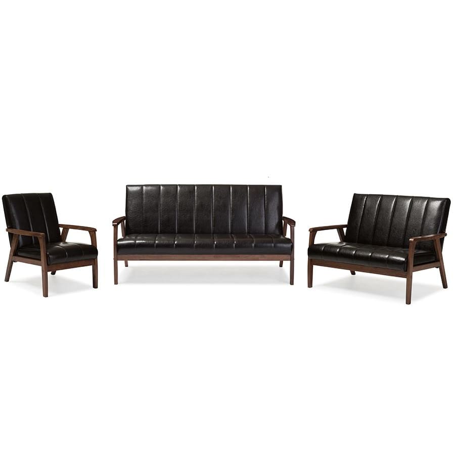 Baxton Studio Nikko Mid-century Modern Scandinavian Style Dark Brown Faux Leather 3 Pieces Living Room Sets - Living Room Furniture